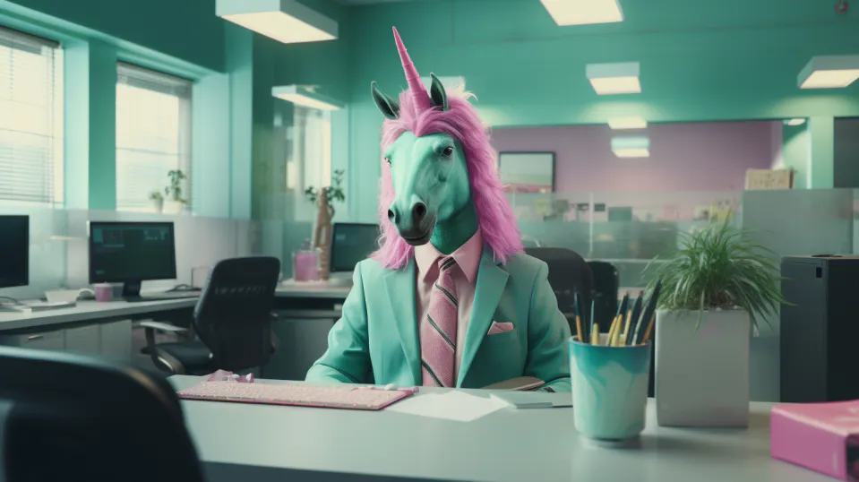 A person in a suit dressed as a unicorn sits in an open office cubicle