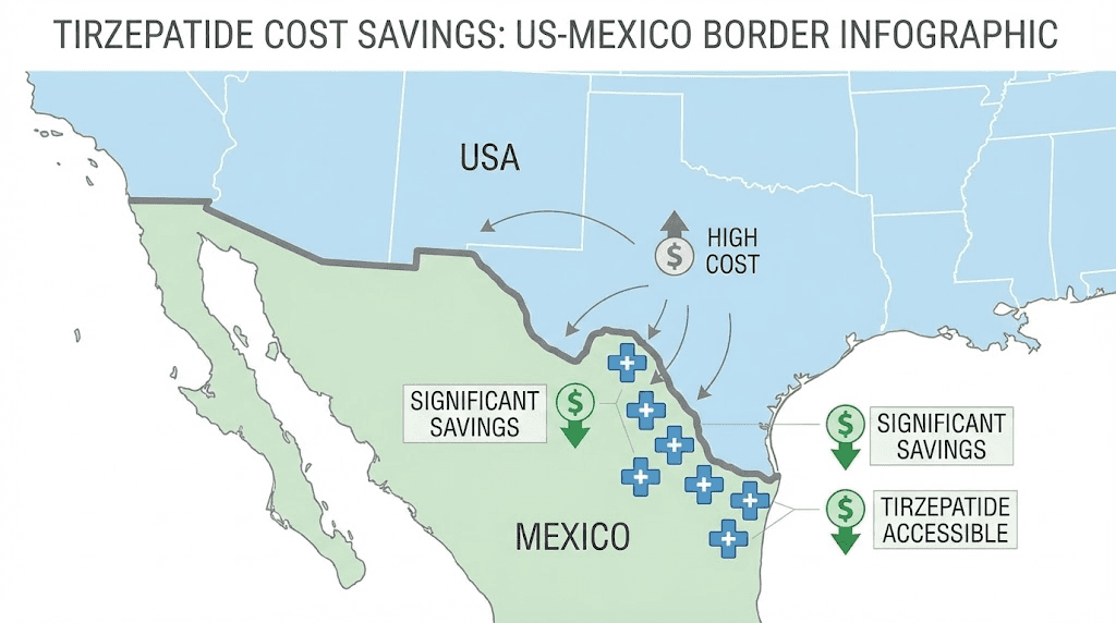 Tirzepatide cost savings map comparing US and Mexico prices at the border