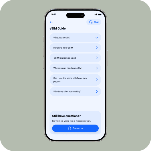 HERO app eSIM guide with step-by-step support topics.