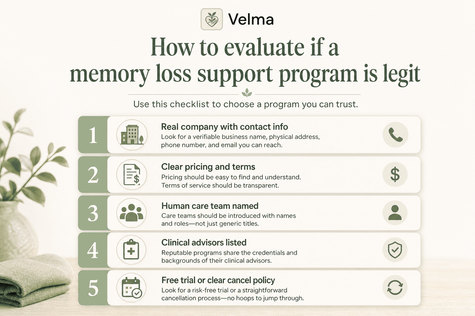 This image presents a checklist designed to help individuals assess the legitimacy of memory loss support programs. It provides five key criteria: 1) verifying that the program is run by a real company with verifiable contact information, including business name, physical address, phone number, and reachable email; 2) ensuring pricing and terms are clear, easy to find, and transparent; 3) confirming the care team is human, named, and introduced with specific names and roles rather than generic titles; 4) checking that clinical advisors are listed with their credentials and backgrounds shared; and 5) looking for a free trial or a straightforward cancellation policy to allow risk-free testing of the program. The image uses calming green tones and nature-themed icons and is intended as a trustworthy resource for choosing reliable memory loss support services.