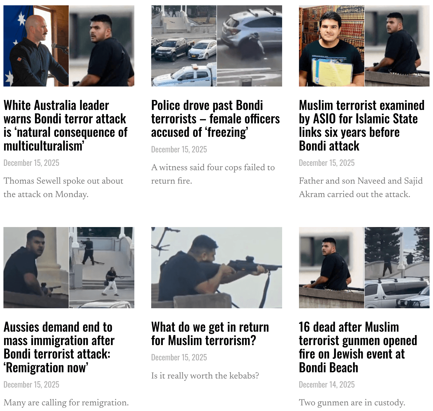 A screenshot from The Noticer's main page from Dec. 15, 2025, depicting a series of articles with racially provocative headlines.