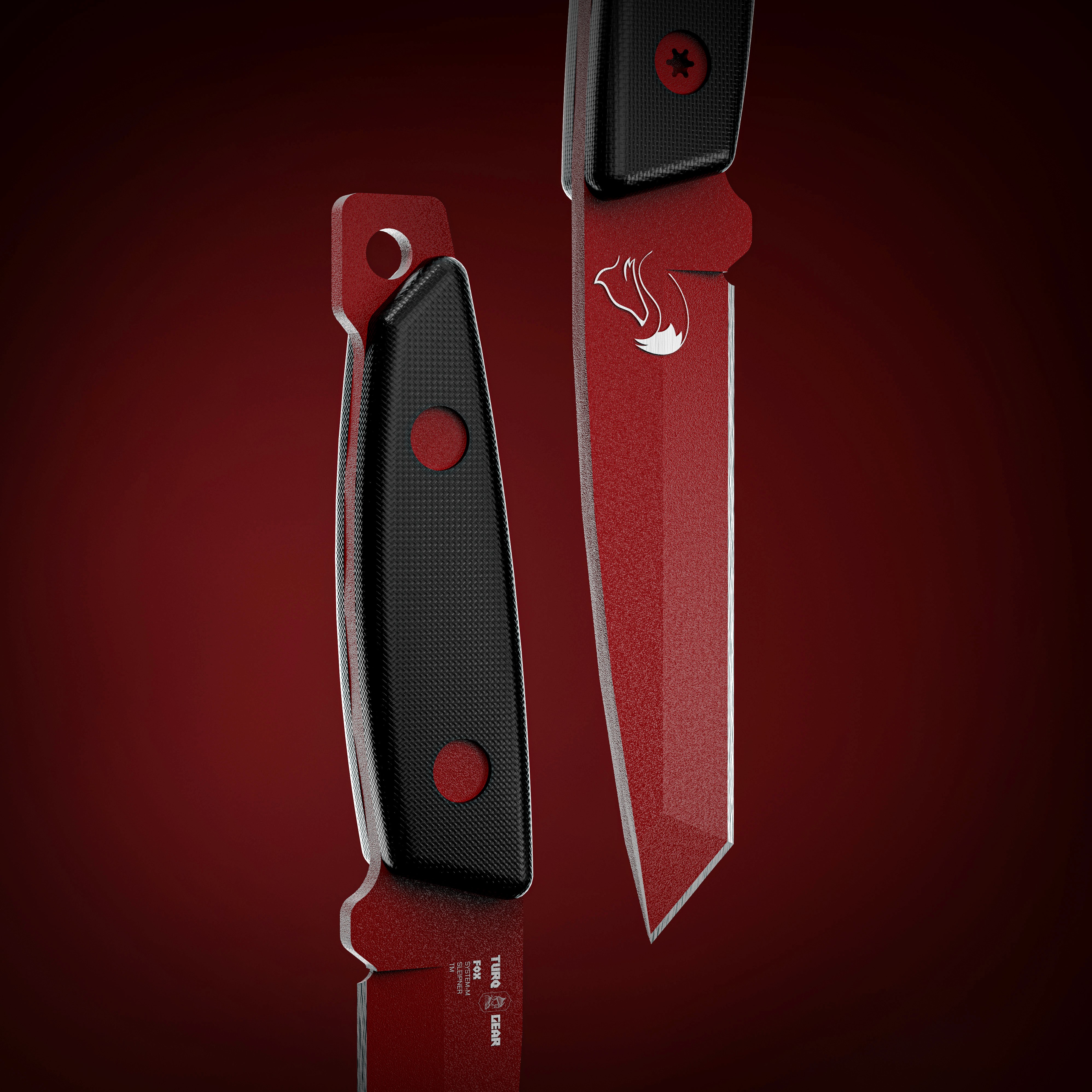 Studio lighting render of the Turq Gear 'Fox' knife in dark red with black handle scales. Features the fox logo and Sleipner steel markings, emphasizing the brand's commitment to high-quality materials and sharp, aggressive visual identity.