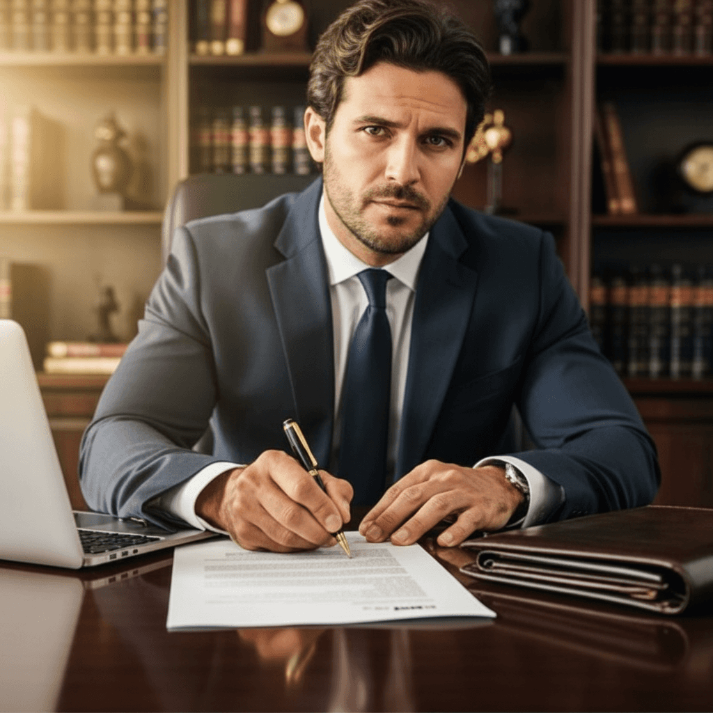 Professional male lawyer in a dark suit signing or reviewing legal documents at a desk surrounded by law books in a traditional office, attorney at work concept photography