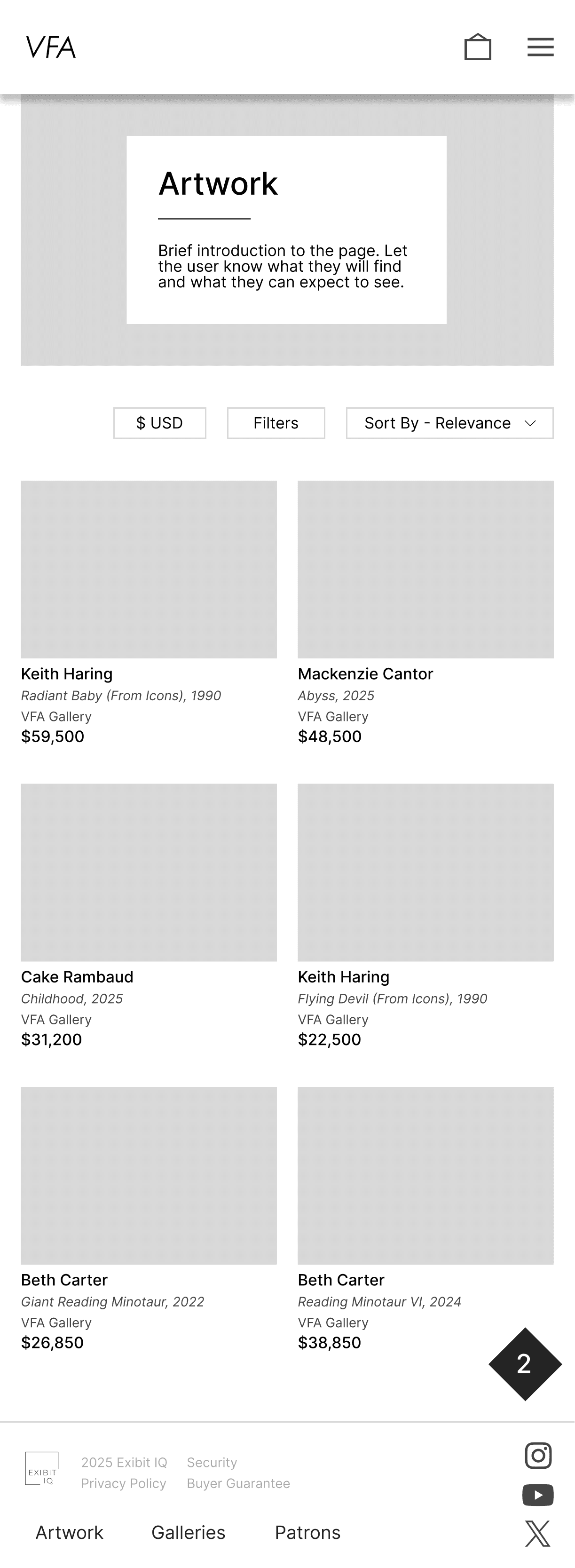 Mobile wireframe for artwork page