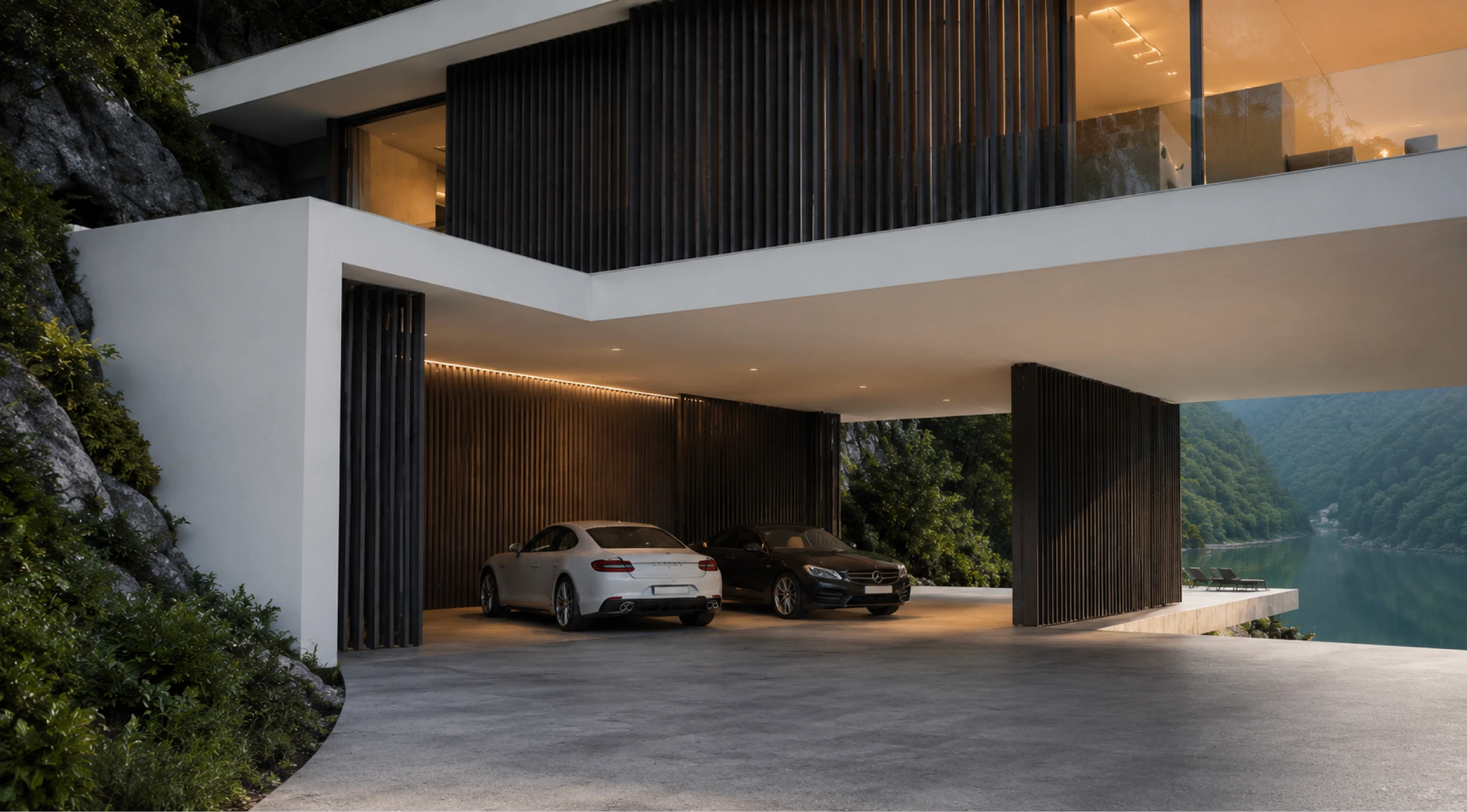 Garagem coberta de uma casa moderna, com dois carros, iluminação embutida e vista para o lago e as montanhas.