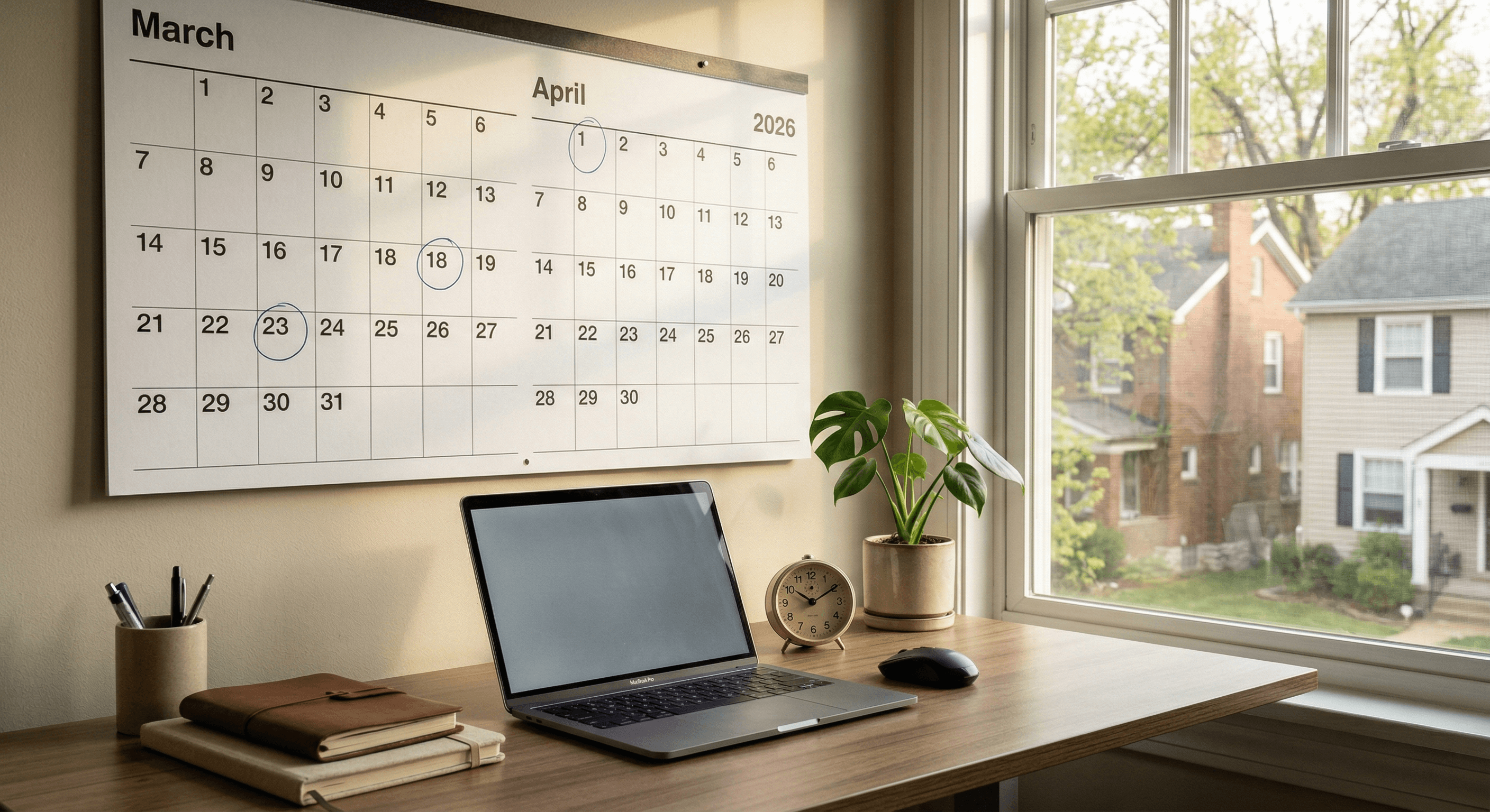 Calendar with circled dates and a clock on a home desk showing the timeline for receiving an ADA accommodation letter