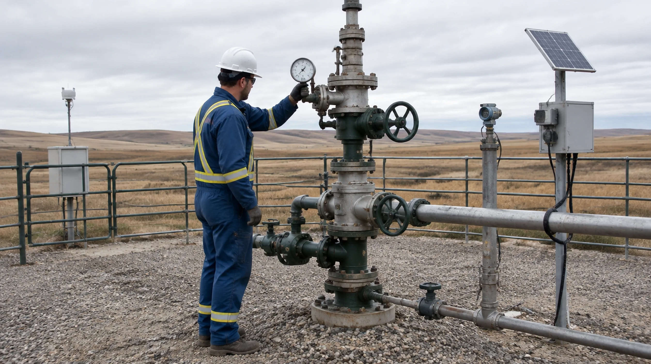 Engineer checking a pressure gauge on a CO2 injection wellhead on a fenced well pad on open prairie