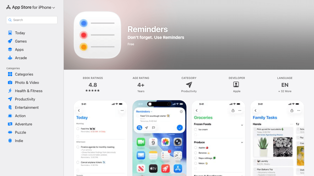 Apple Reminders iOS app store page