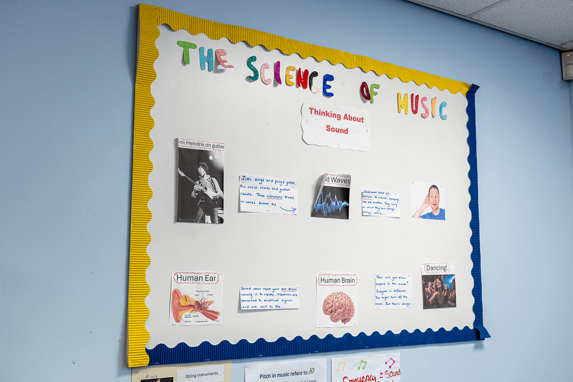 Educational bulletin board titled 'The Science of Music', featuring diagrams and explanatory text on how music affects and is processed by the brain