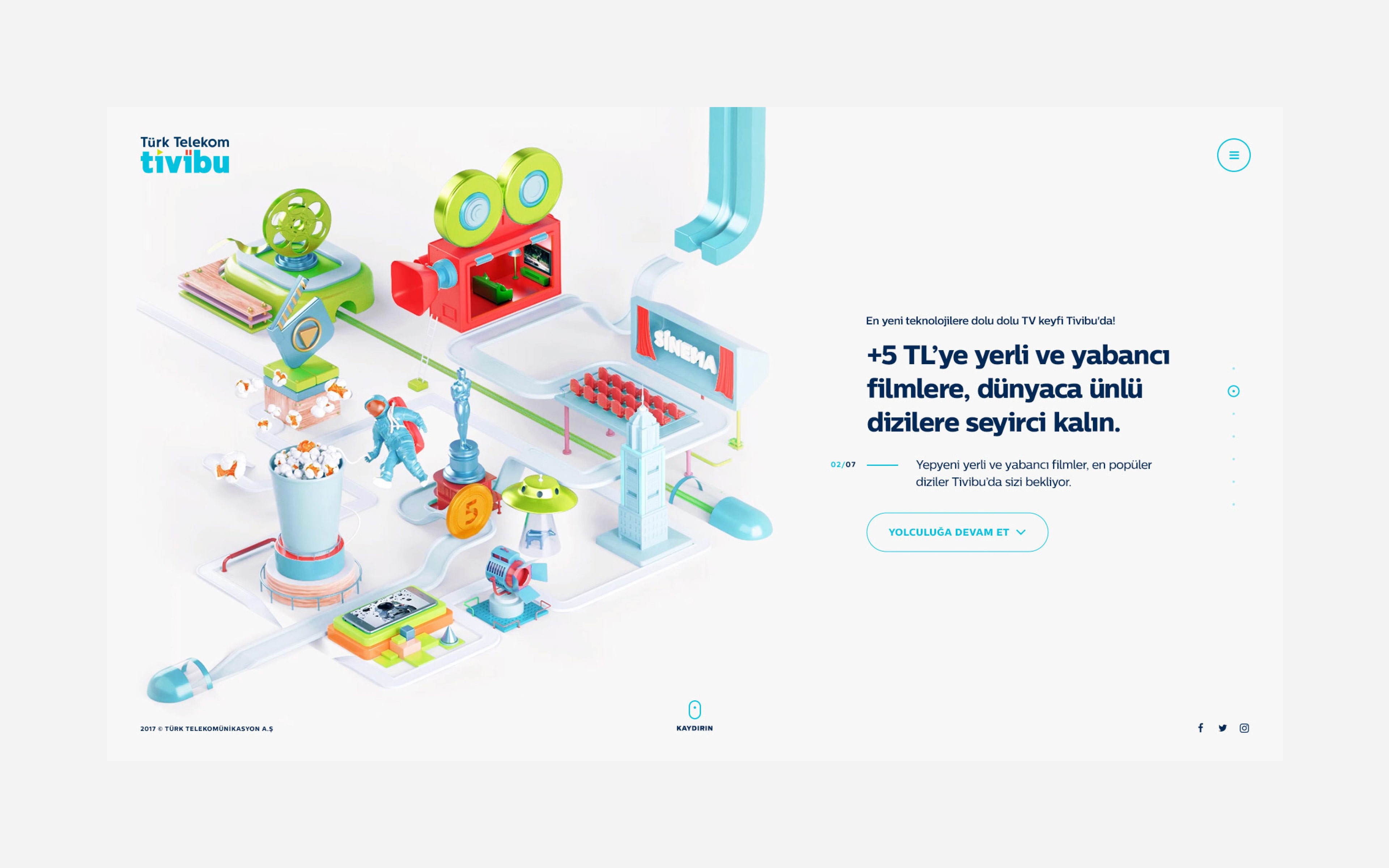 Turk Telekom – 5TL Journey movie scene with 5 TL coin, pastel 3D popcorn, astronaut, Oscar statue, cinema screen, and UFO; directed by Burak Canpolat.