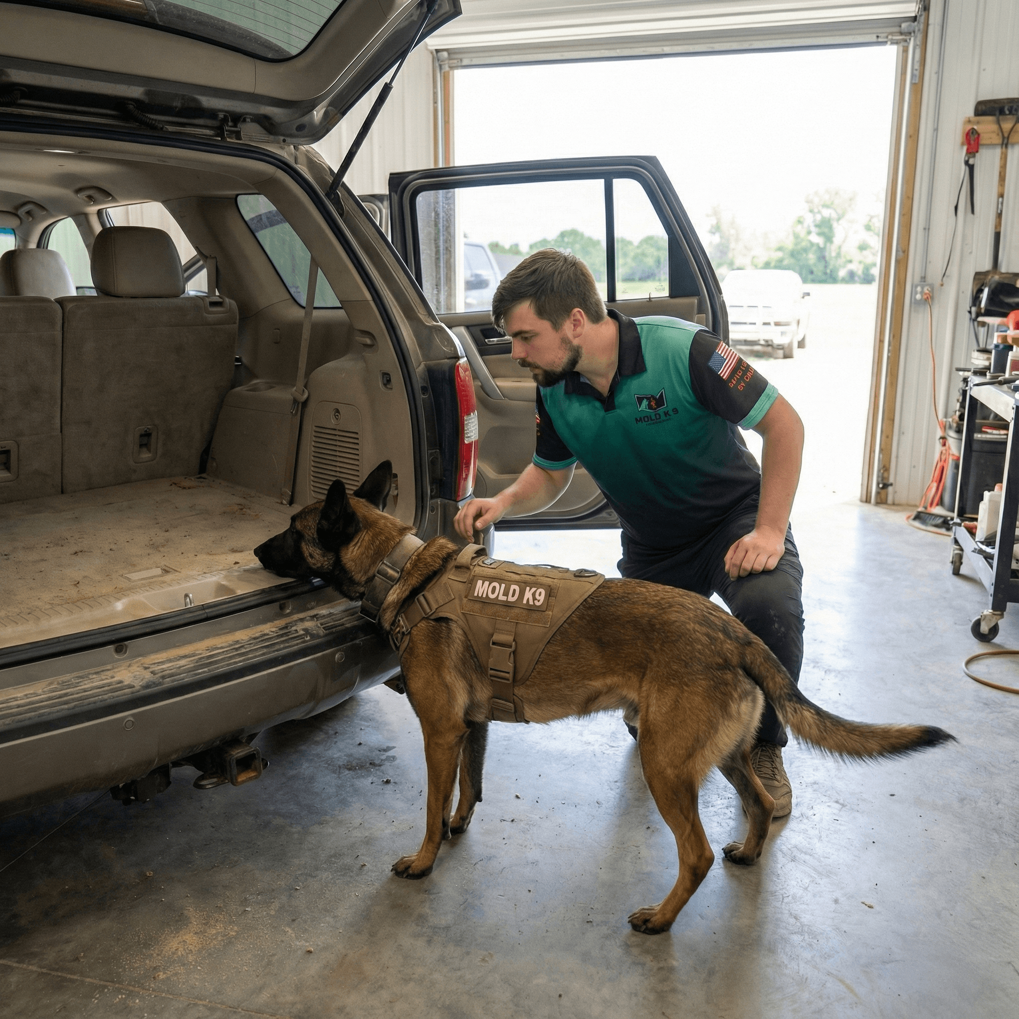 mold dog inspecting car