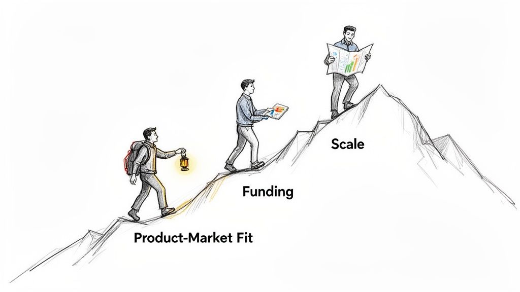 Three men climb a mountain, symbolizing a startup's journey through product-market fit, funding, and scaling.