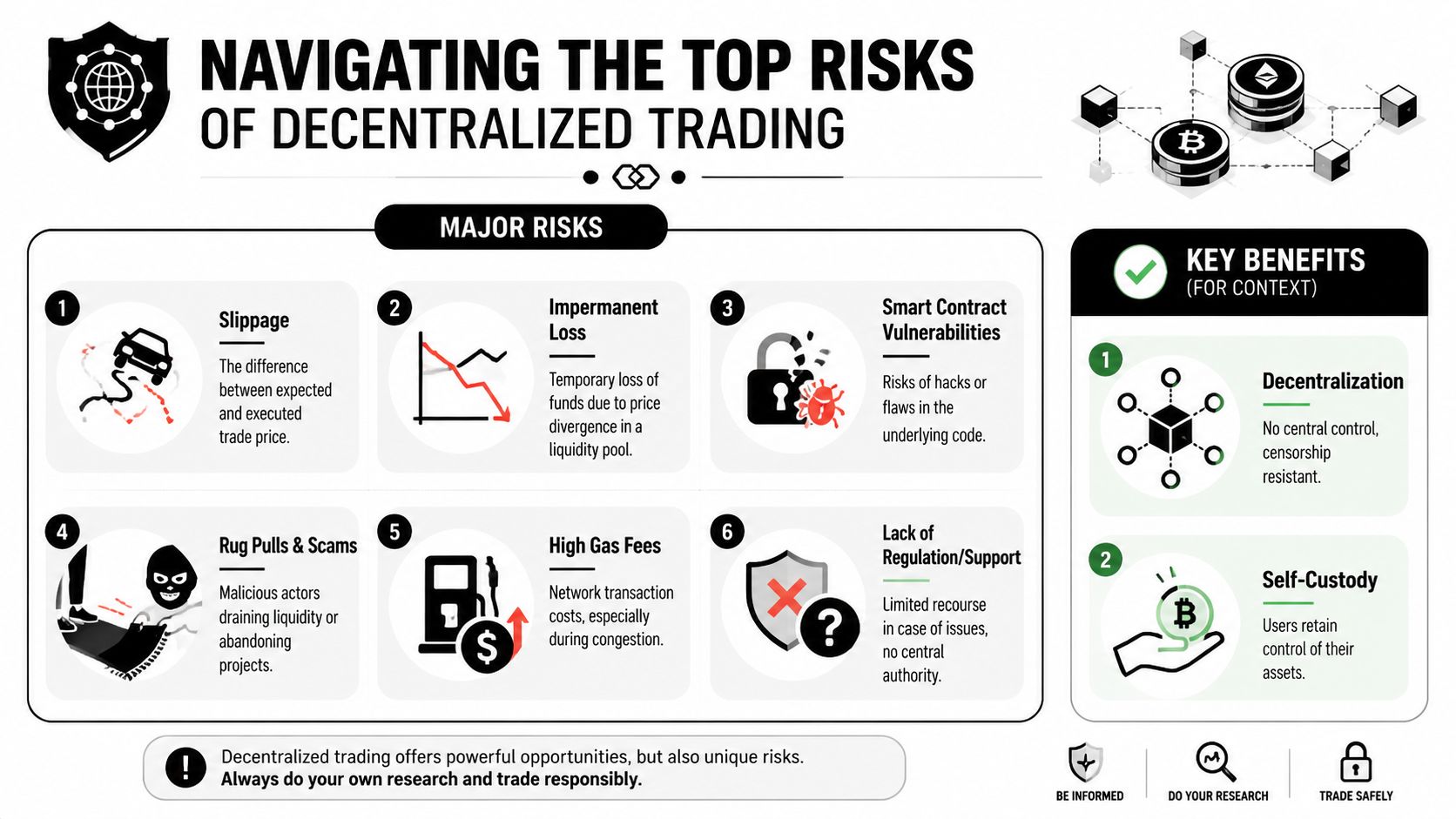An infographic titled Navigating The Top Risks Of Decentralized Trading, highlighting six main financial risks and two benefits.