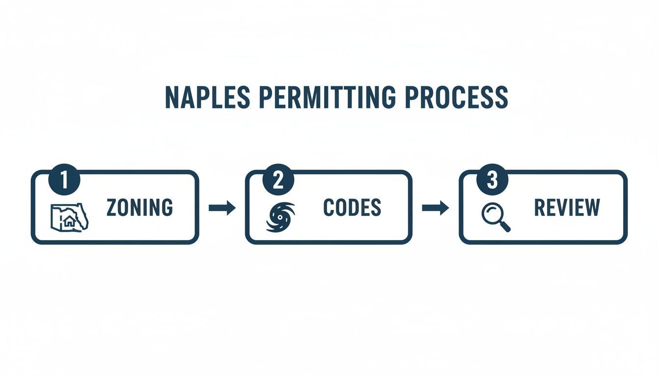 Diagram outlining the Naples permitting process with three steps: Zoning, Codes, and Review.