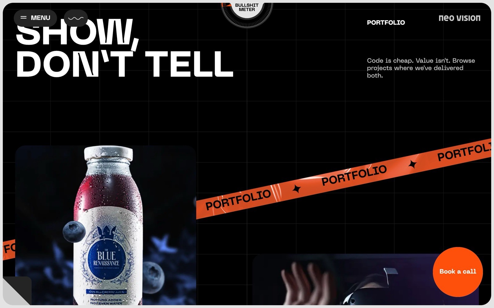 Bold text "SHOW, DON'T TELL" on black grid. Blue beverage bottle with blueberries. Orange tape with "PORTFOLIO" text. Call to action: "Book a call".