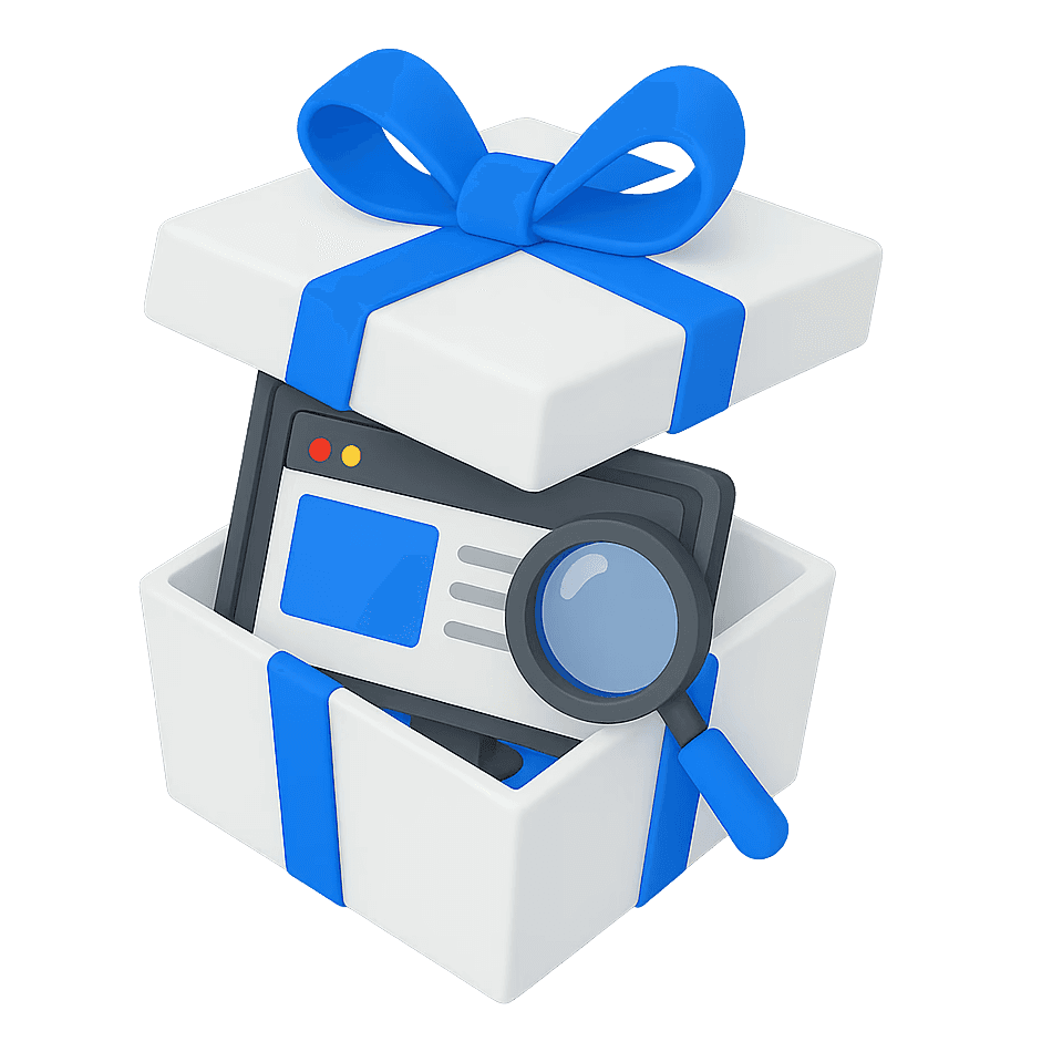 Une boîte cadeau blanche, ouverte et ornée d'un ruban bleu vif, révèle un écran de création site web et une loupe.