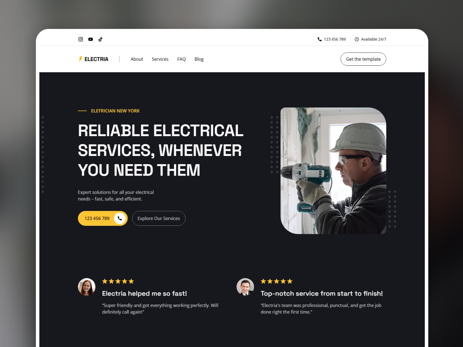 Electria Framer template homepage hero reading "Reliable Electrical Services" with electrician photo on yellow background