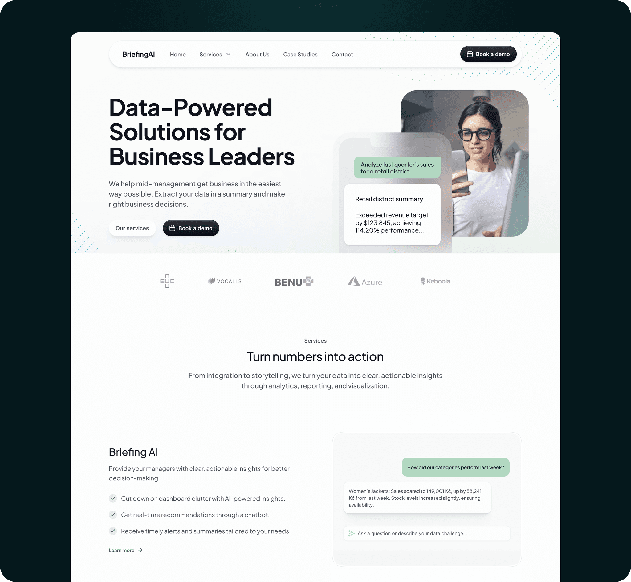 Website homepage mockup for BriefingAI with headline, service benefits, and demo call-to-action.