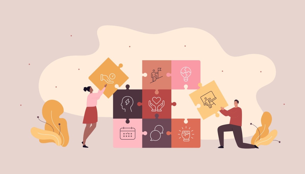 Illustration of two people adjusting interlocking gears within a circular arrow loop, surrounded by charts and checklists.