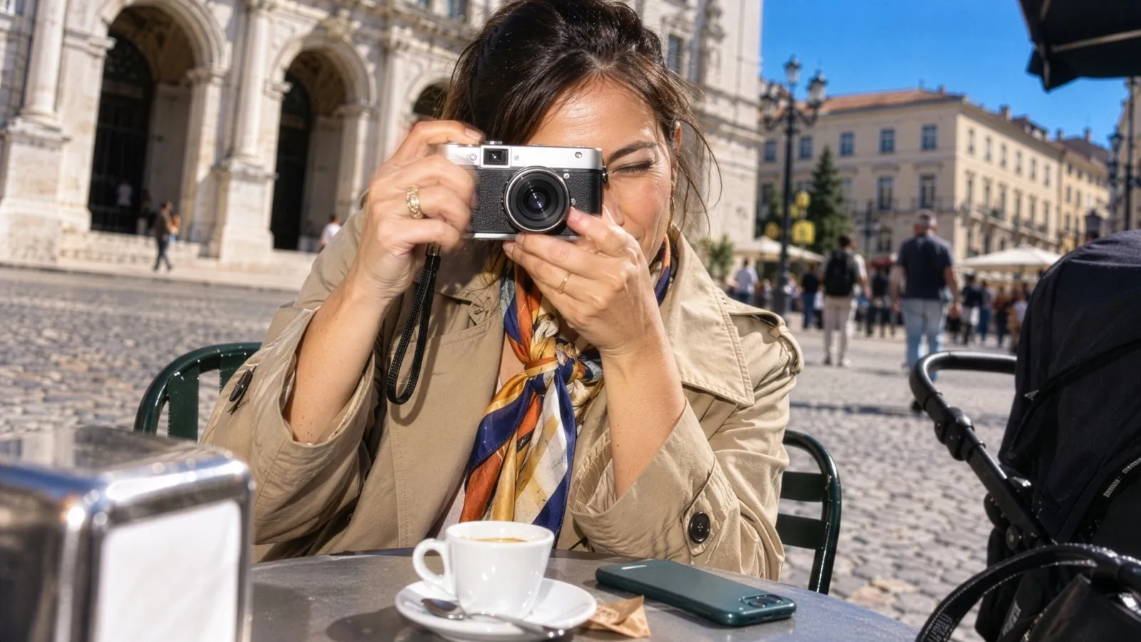 A woman taking a photo with a compact camera at a café