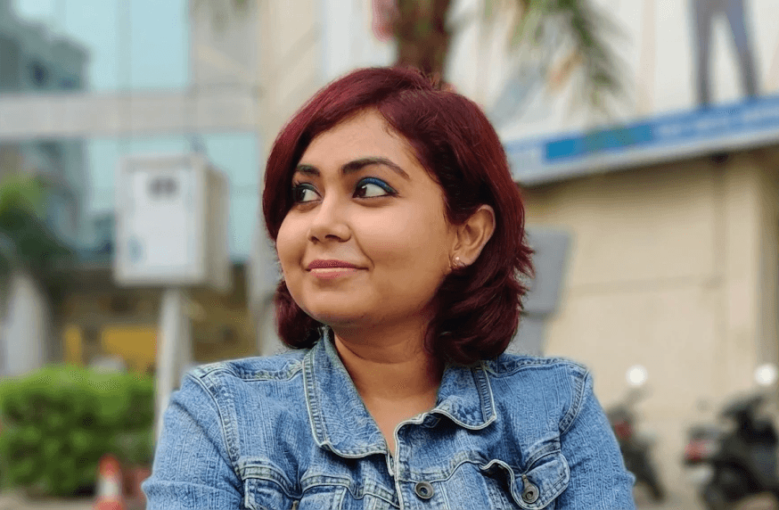 A photo of woman in red