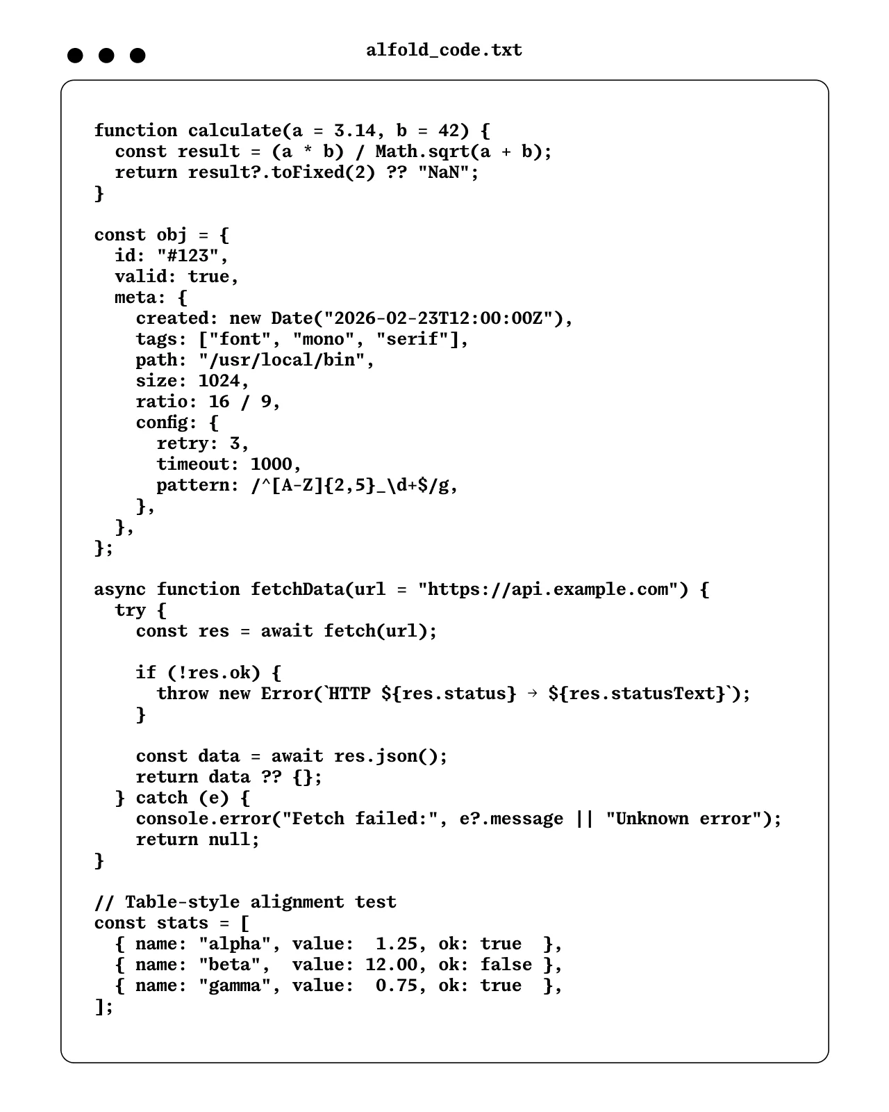 Alfold Mono code specimen showing monospaced font in a code editor context