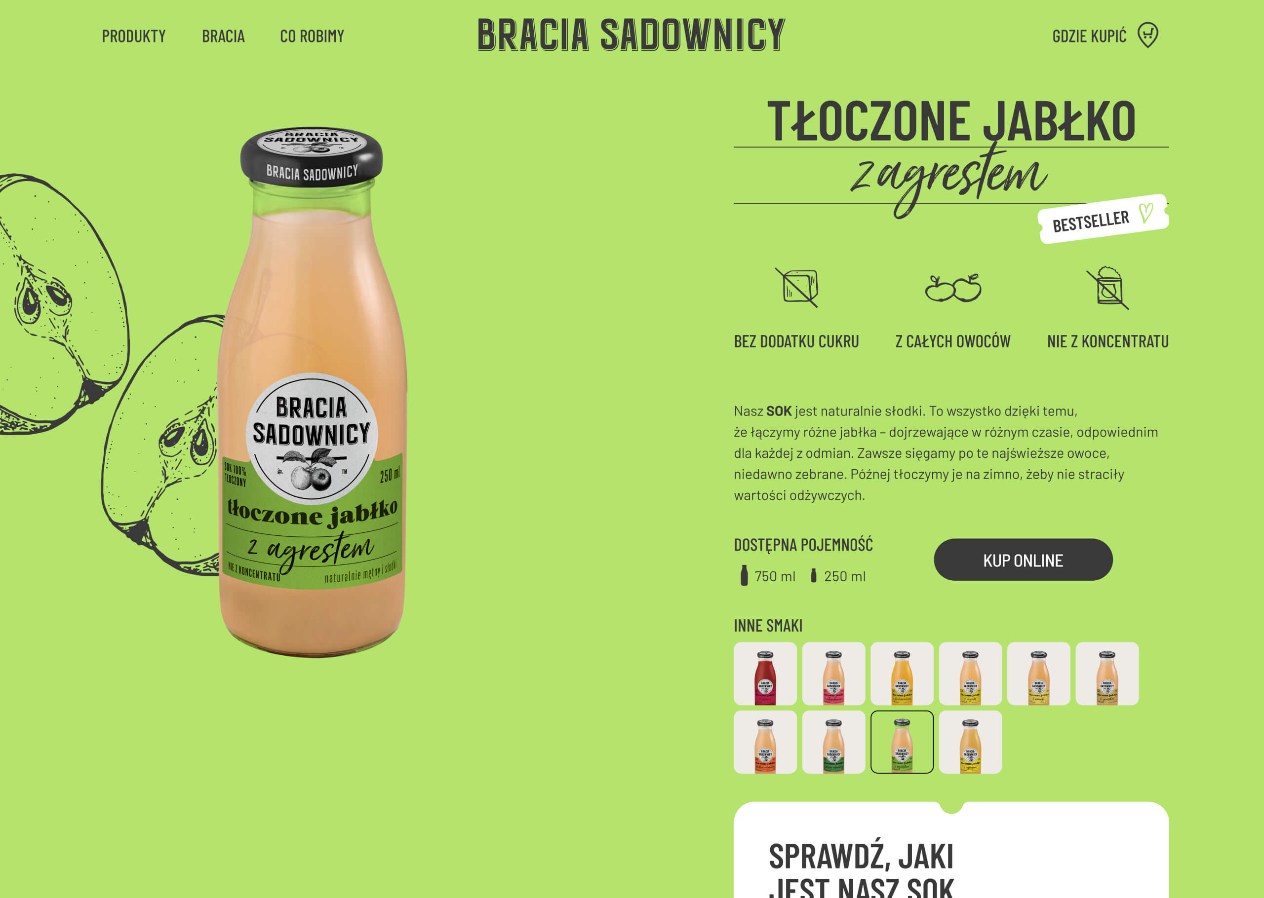 Jasnozielona karta „TŁOCZONE JABŁKO z agrestem” zestawia dużą butelkę z rysunkiem owoców i opisem.