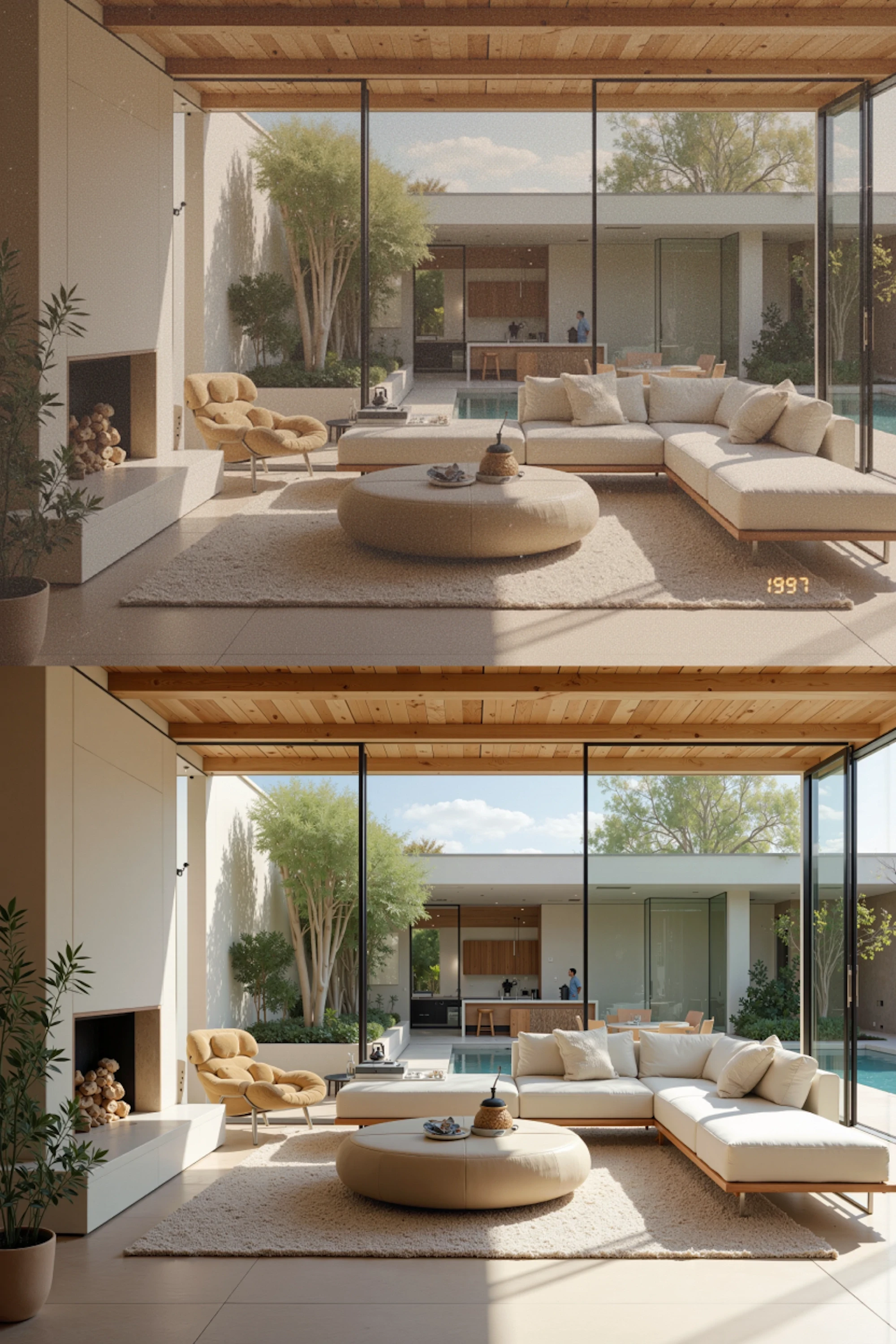 Bright coastal living room with soft natural light, stone flooring, neutral furnishings, and floor-to-ceiling glass opening to an outdoor patio.