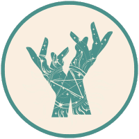 Teal illustration of raised hands reaching upward inside a circle