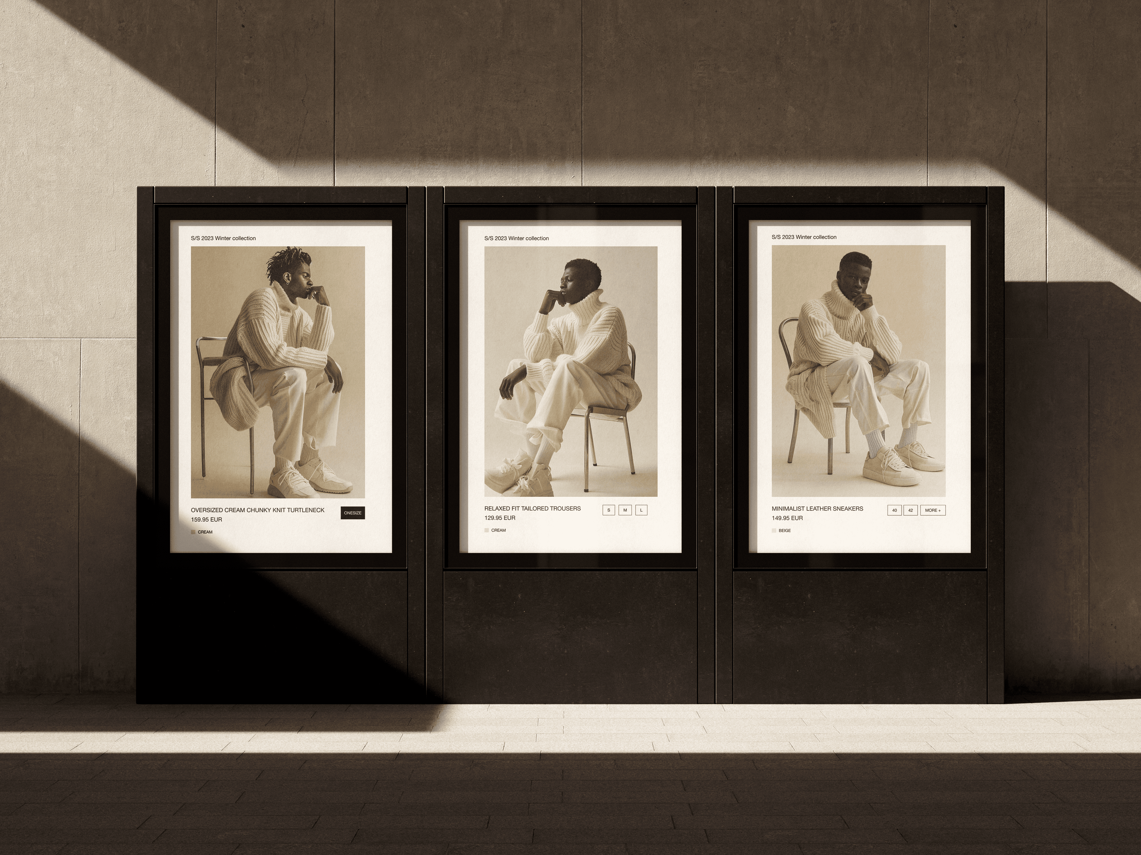 Set of three framed Arket campaign artworks showcasing fashion illustrations and editorial photography in a clean gallery-style display