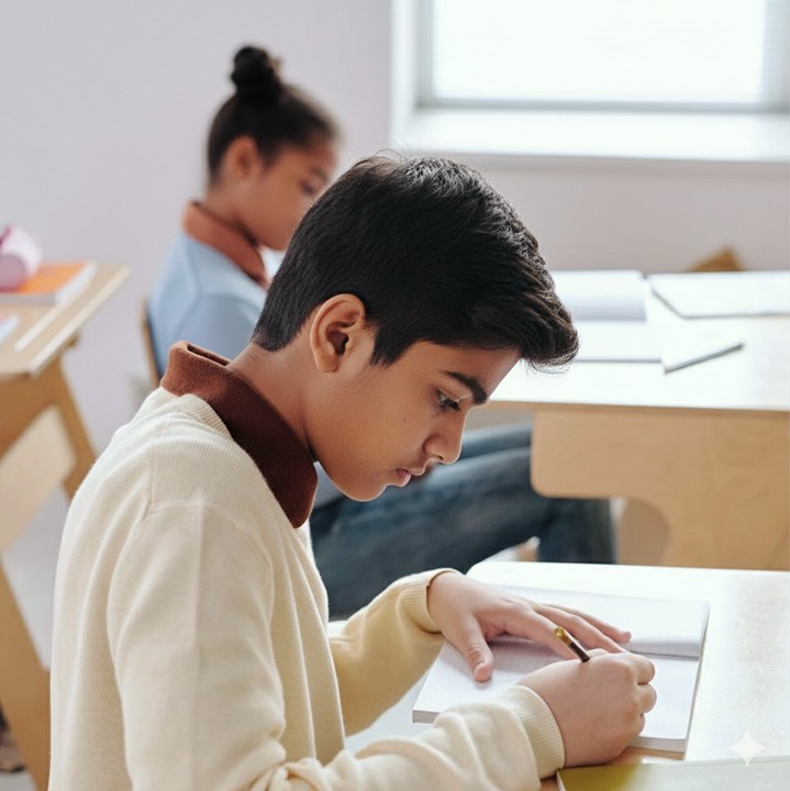 A student is writing in a notebook, focused on the task