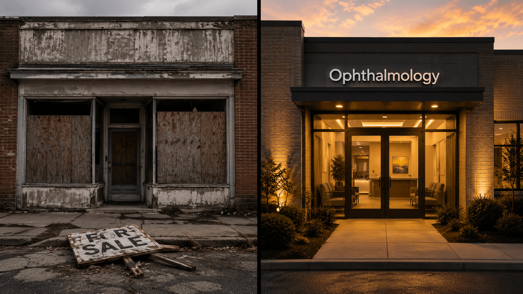 Split image of an abandoned boarded-up storefront with a broken For Sale sign on cracked pavement beside a modern ophthalmology practice entrance with warm evening lighting and clean glass doors