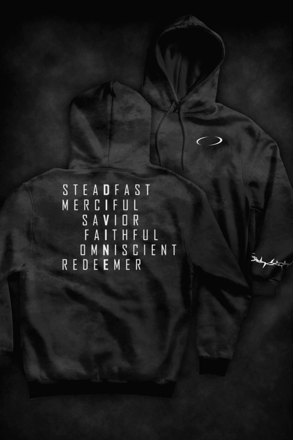 Black Hoodie with Divine Attributes and a Halo with a black and white chalky background