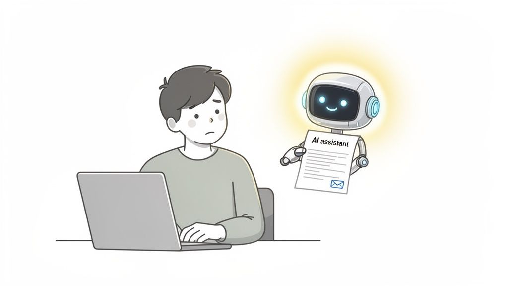 A person looking confused at a laptop, while a helpful AI assistant offers a document with an email icon.