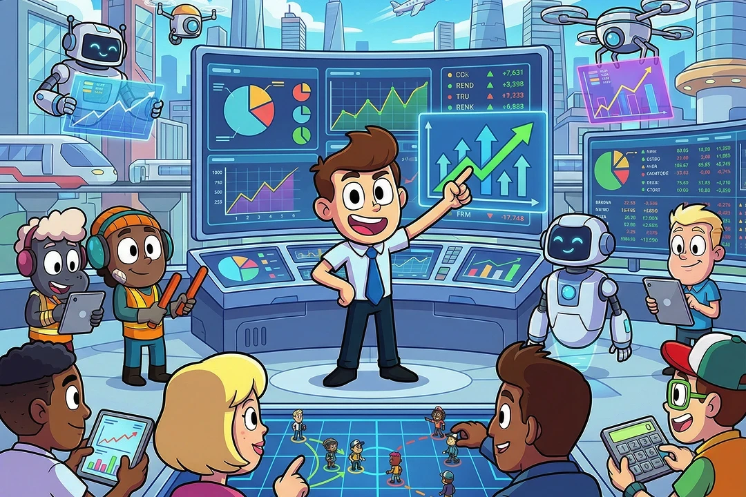 Cartoon business dashboard with a presenter and team.