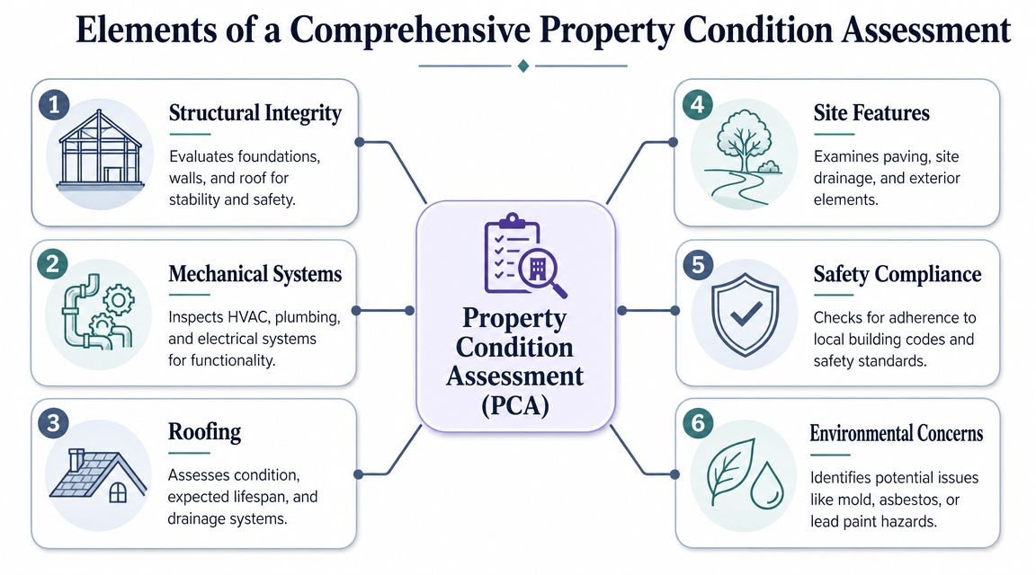 A diagram outlining the six key elements of a comprehensive property condition assessment for commercial buildings.
