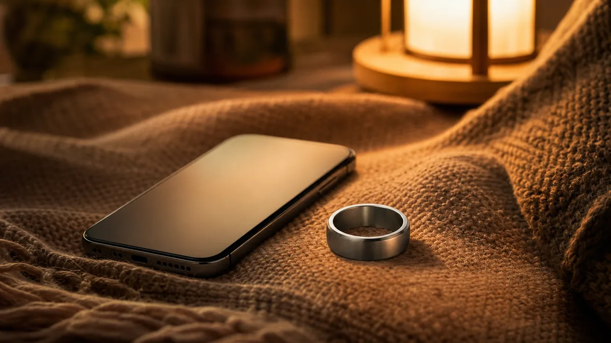 Smartphone with blank glow beside silver smart tasbih ring on warm knit throw