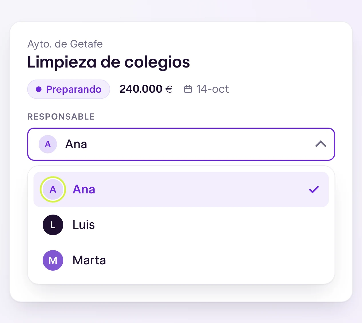 Licitación de limpieza de colegios en estado Preparando, con Ana como responsable