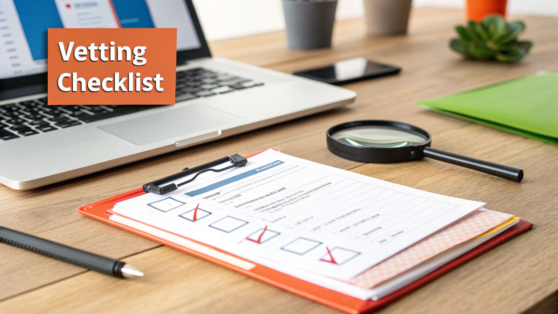 A Vetting Checklist document on a clipboard with a pen, magnifying glass, and laptop on a wooden desk.