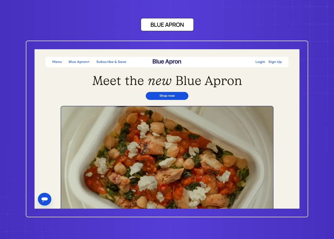 Blue Apron homepage redesign featuring meal delivery branding and large food imagery.