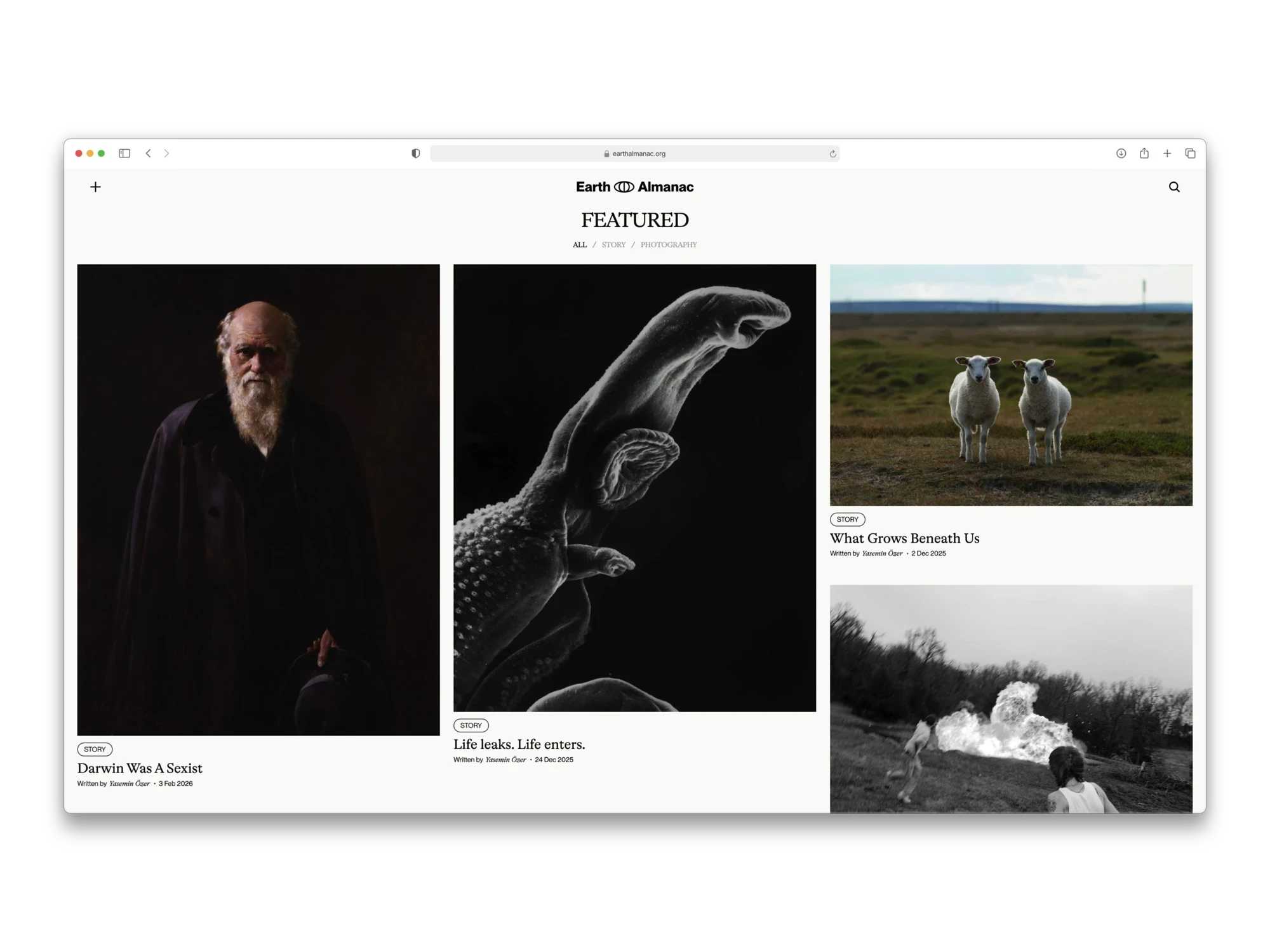 Earth Almanac featured stories grid with photographs of people, animals, and landscapes