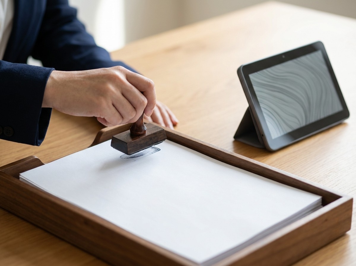 Hand stempelt Freigabe auf ein Dokument neben einem Tablet mit KI-generiertem Textmuster
