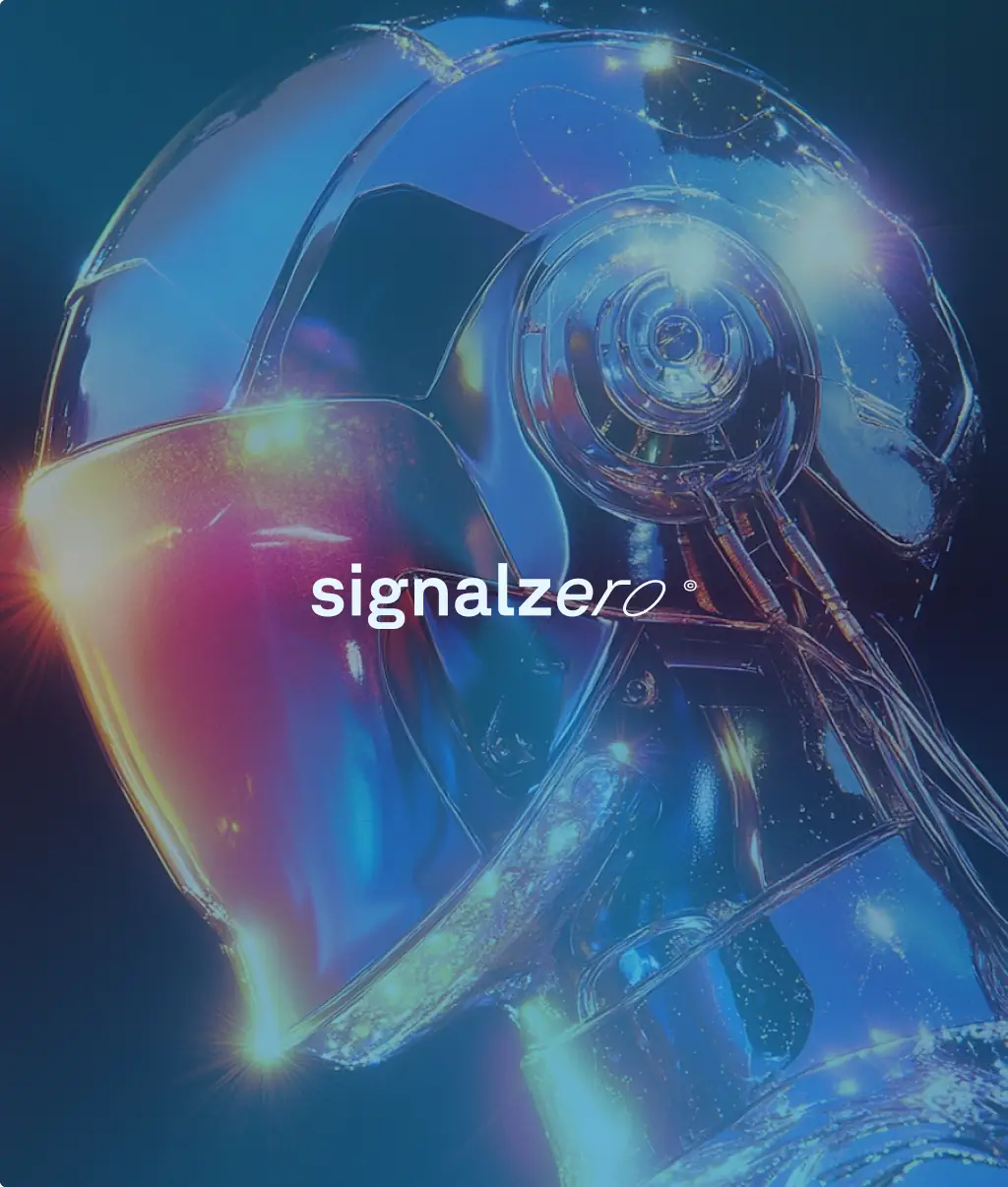 SignalZero wordmark placed over a glossy chrome robot image, illustrating high-tech digital product aesthetics.