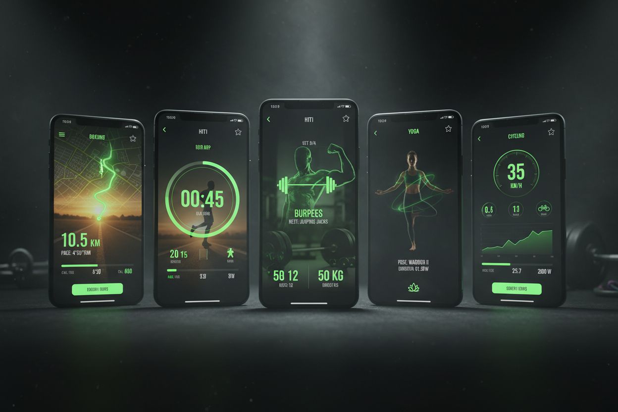 Several smartphone screens displaying workout tracking apps