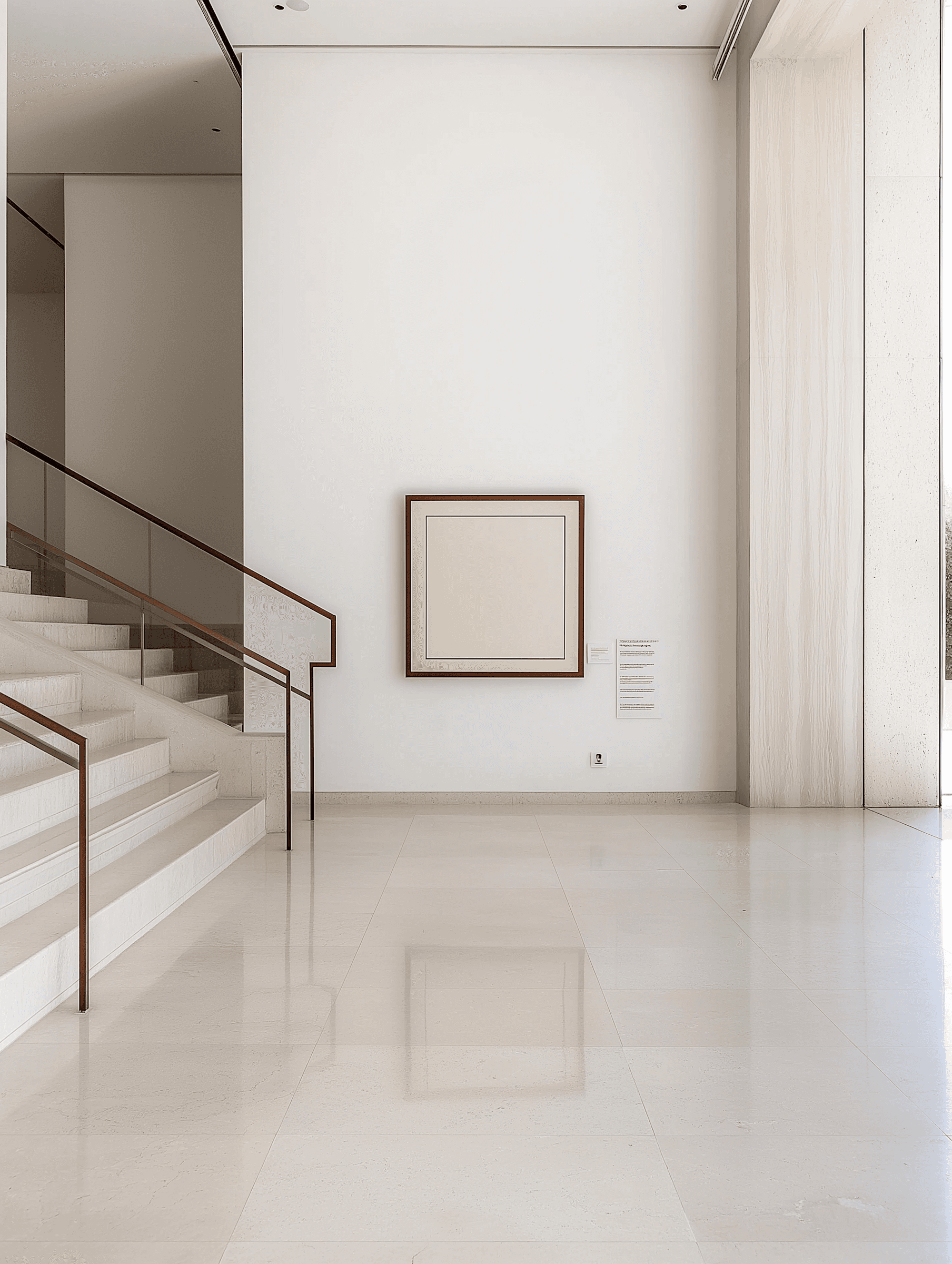 Minimalist entryway with floating staircase, bronze railings, polished white tile floors, framed abstract art, and tall wood panels