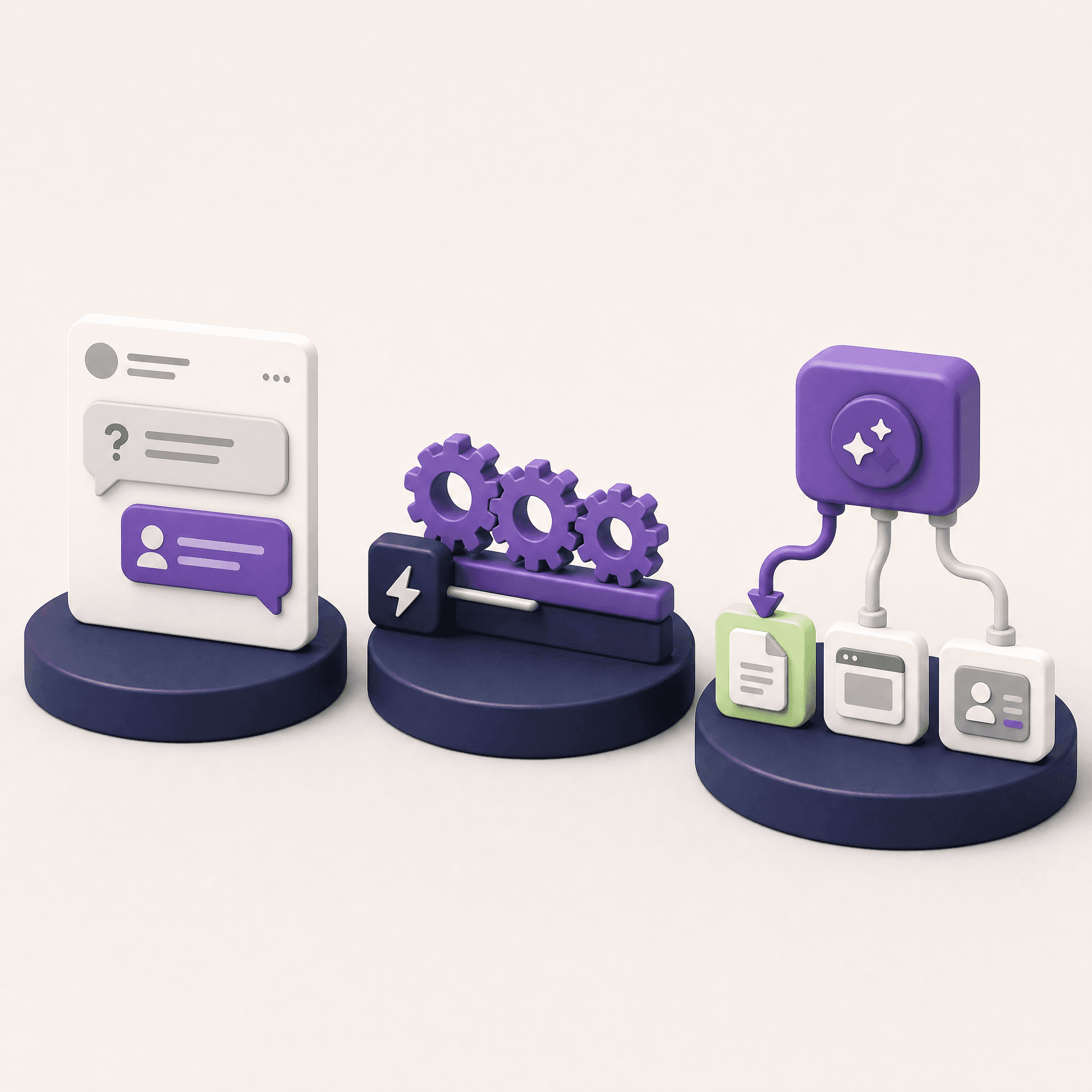 Three stations side by side: a chat window with a question and an answer, a chain of purple gears started by a lightning trigger, and a purple agent module choosing one path out of three tools, a document, a website and a contact card, with the chosen path highlighted in green
