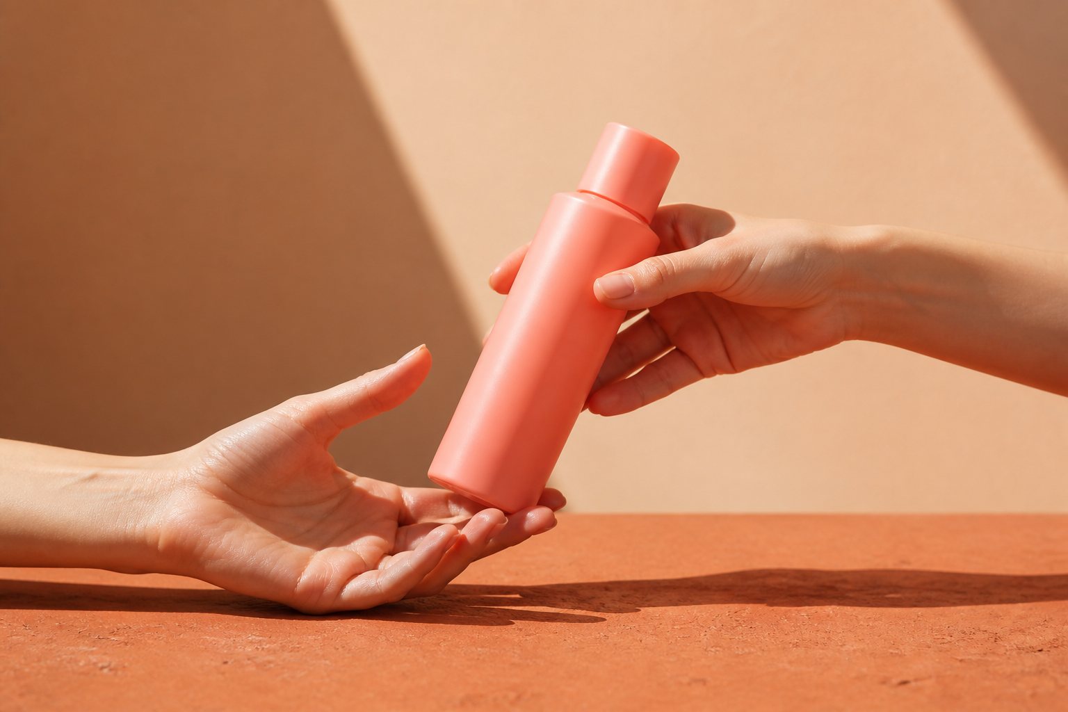 Two hands exchanging a coral bottle across a table