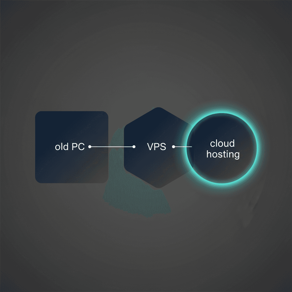Shapes showing the evolution from old PC to VPS to cloud hosting