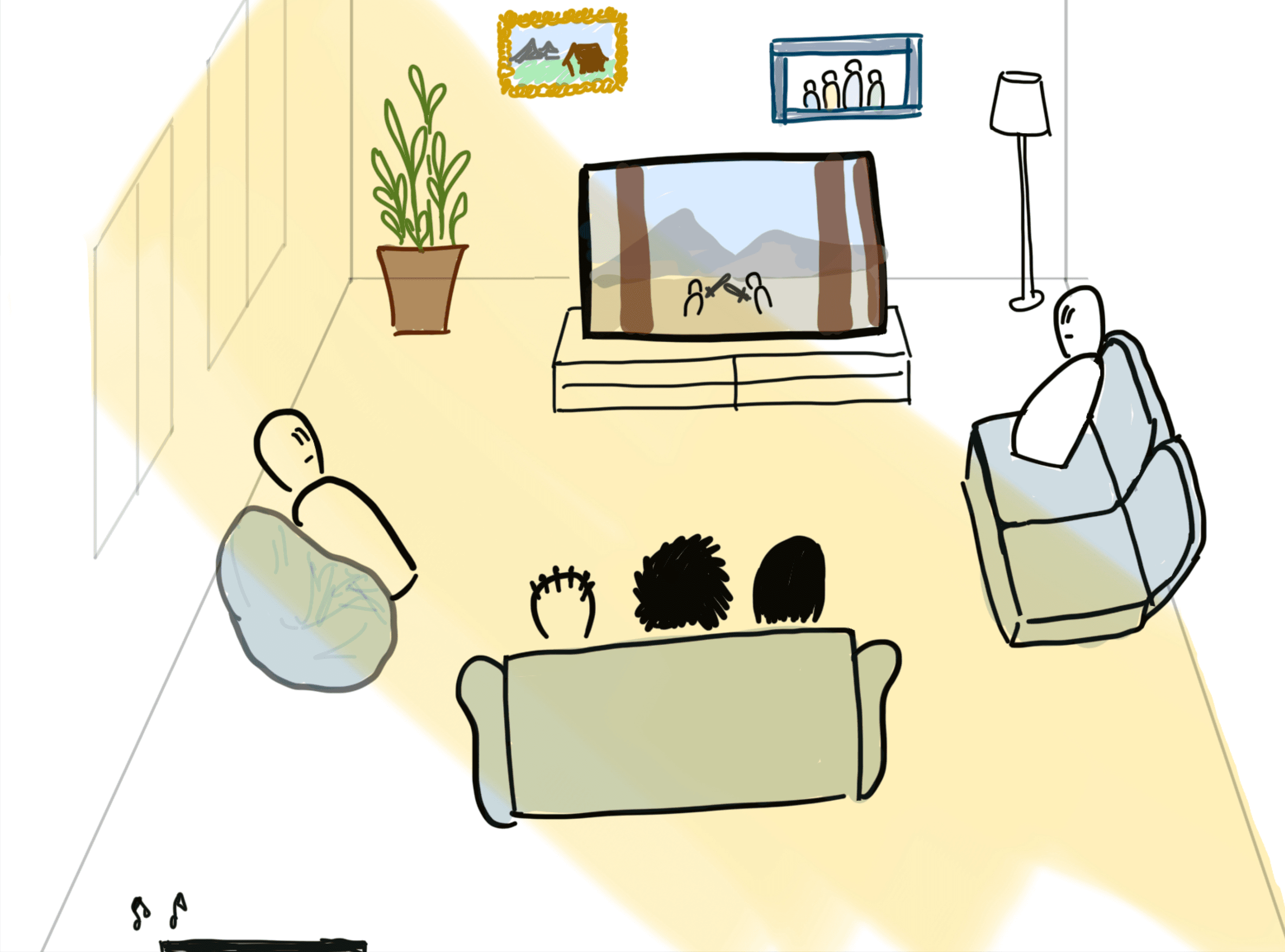 An illustration of a group watching TV; unwanted light and sound are coming into the room.