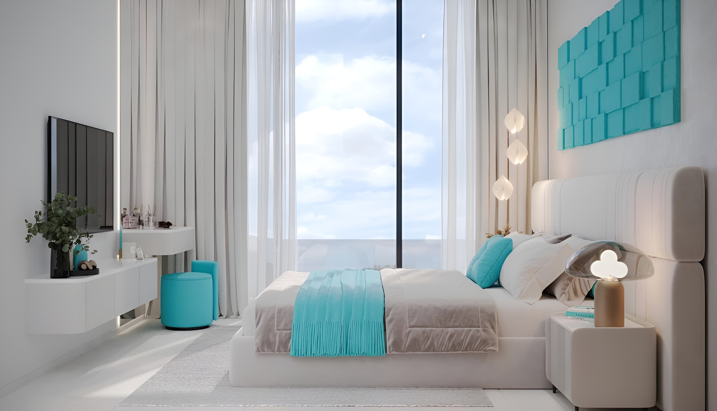 A modern bedroom featuring turquoise accents, showcasing a stylish and contemporary design in Reef 996, Dubai.